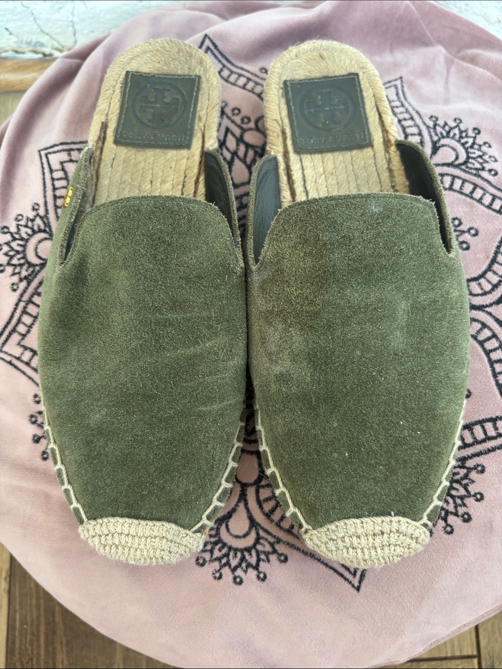 Tory Burch Suede Espardrille Olive Green Slide Leather Mules sz 6 - Picture 2 of 9
